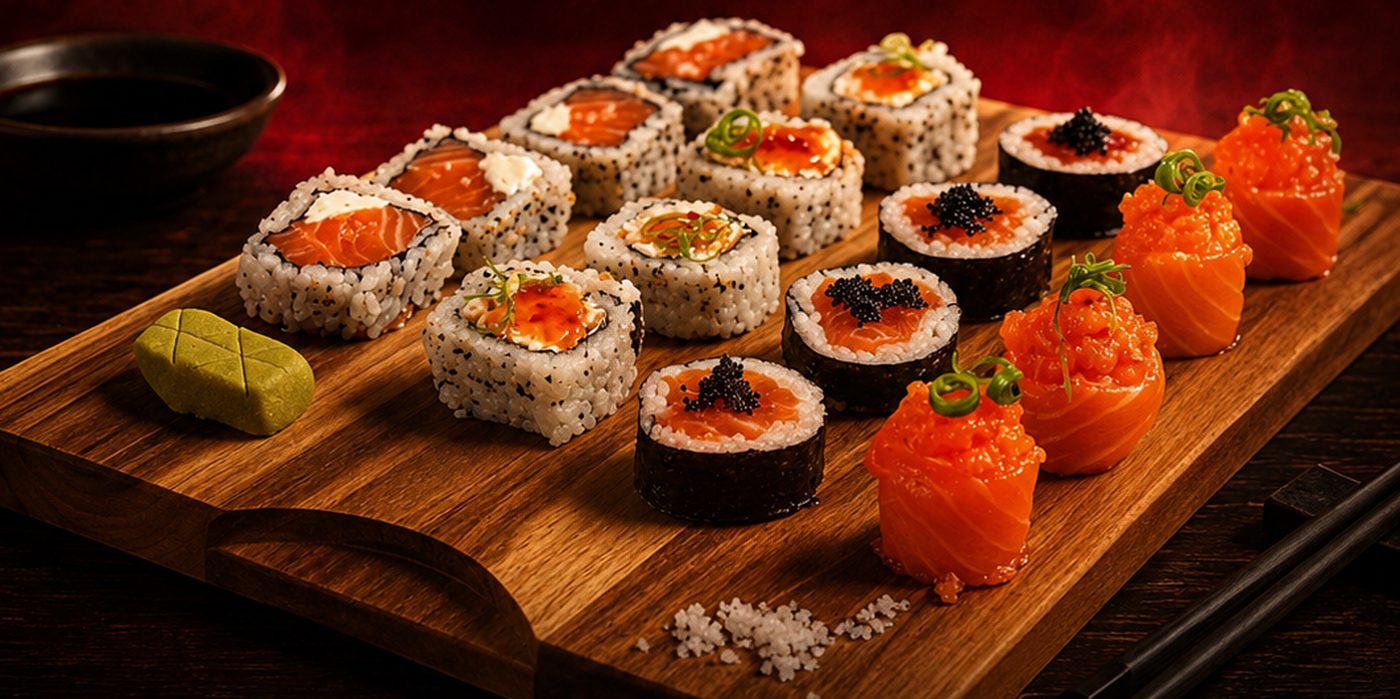 Rodízio de sushi do Blitz — tábua com uramakis, niguiris e hossomakis de salmão