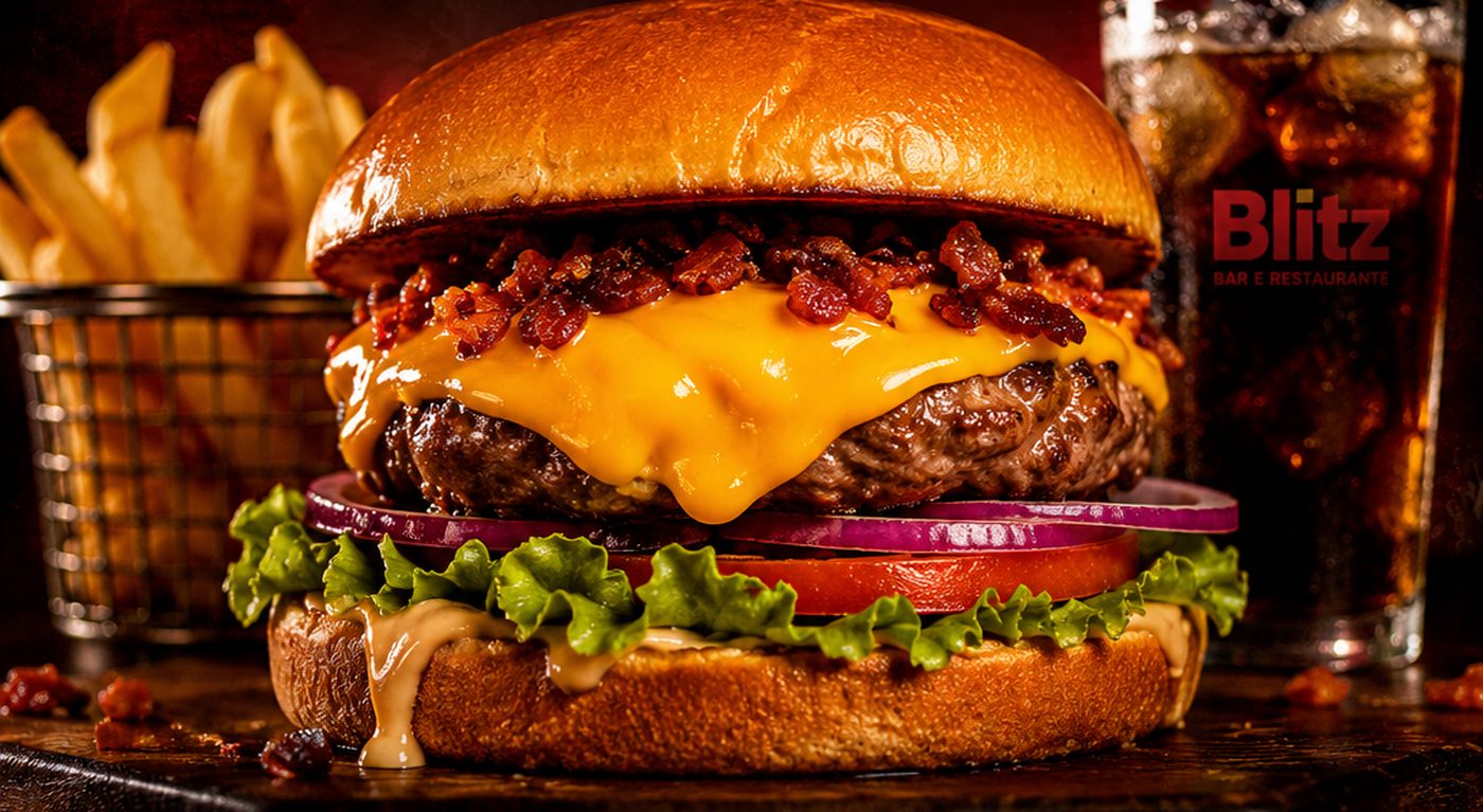 Hambúrguer artesanal do Blitz com bacon, cheddar e batata frita